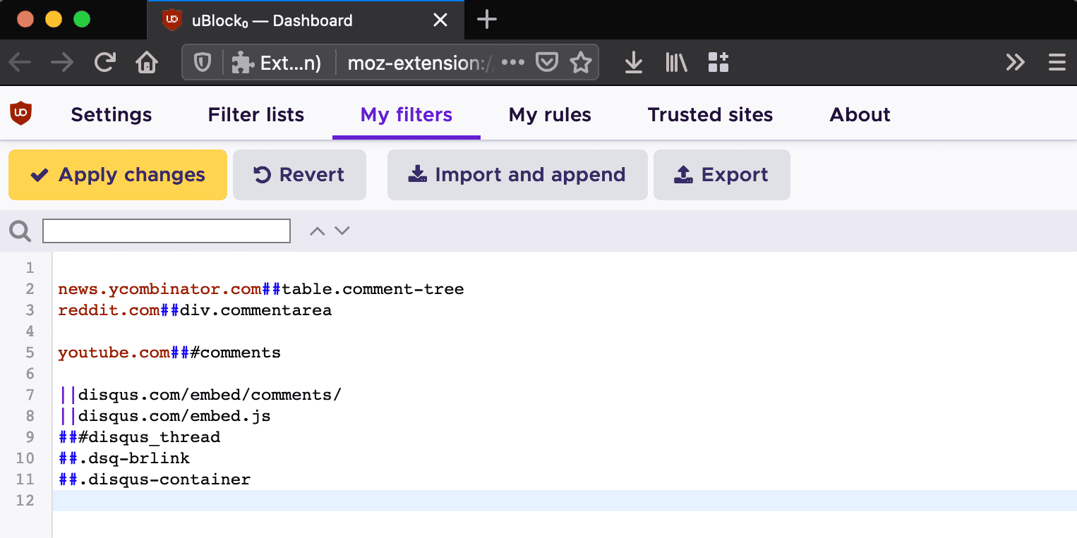 Screenshot of uBlock Origin's My Filters section